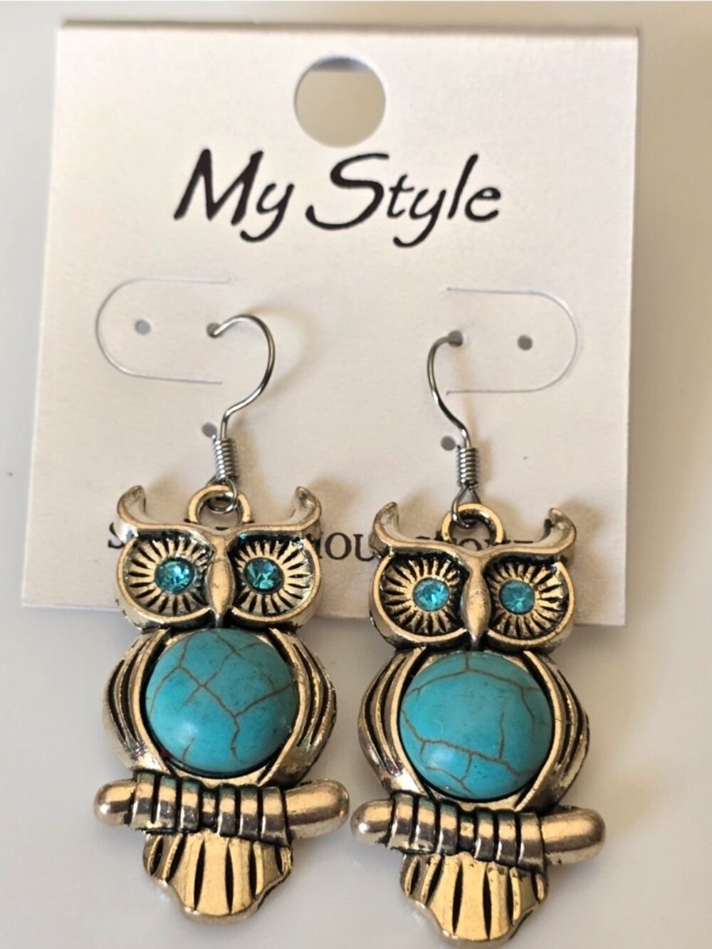 Southwestern Western Owl Earrings silver  Turquoise Color 2" long Fall *